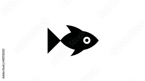 Vector style graphic of a minimalist black fish icon on a clean white background, simple aquatic symbol for design projects.