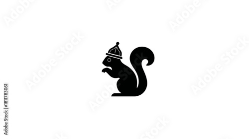 Cute black squirrel silhouette wearing an acorn hat, minimalist vector icon design isolated on a white background
