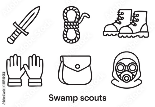 Collecti, depicting essential gear for exploration and survival, including a dagger, rope, boots, gloves, satchel, and gas mask