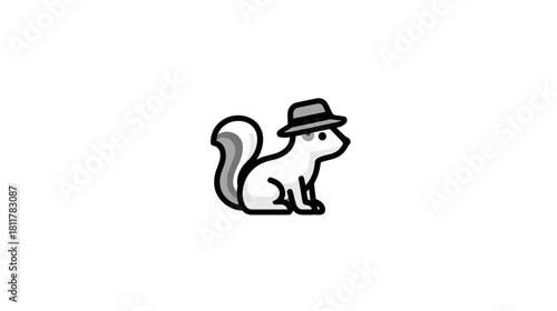 Charming anthropomorphic squirrel character wearing a stylish fedora hat, minimalist monochrome vector icon illustration