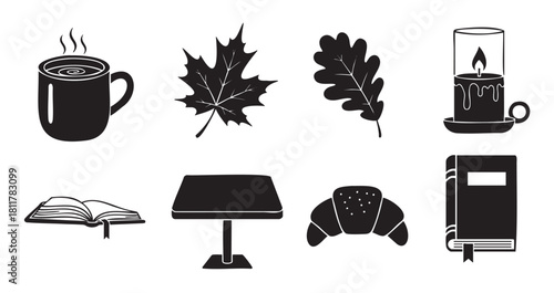 Collection of cozy black silhouette icons featuring a steaming mug, autumn leaves, a lit candle, books, a table, and a croissant, presented