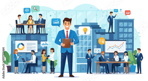 Dynamic business team collaborating in modern office environment