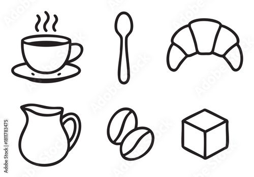 Clean set of minimalist black outline icons for breakfast and coffee, featuring a steaming cup, spoon, croissant, milk pitcher, coffee beans, and a sugar cube
