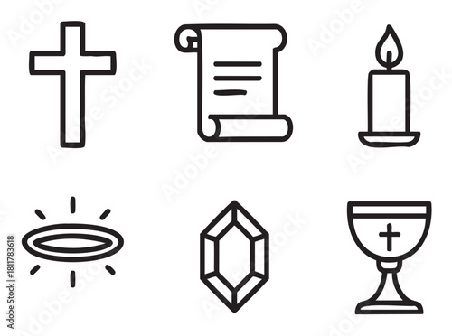 Six minimalist black outline icons depicting religious and symbolic elements such as a cross, scroll, lit candle, halo, faceted gem, and chalice