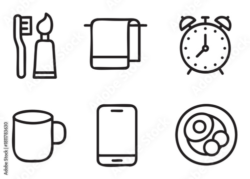 Collection of six minimalist hand-drawn line art icons , depicting essential morning routine items like a toothbrush, towel, alarm clock, mug, smartphone, and breakfast