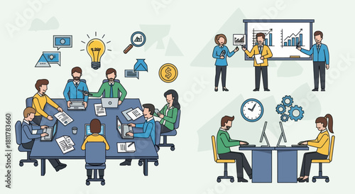 collaborative business meeting with presentations and team