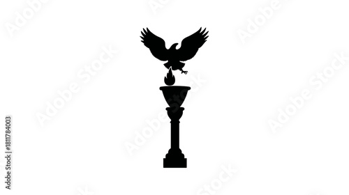 Powerful eagle silhouette with outstretched wings perched on a flaming torch, symbolizing freedom, victory, and inspiration on a classical pedestal.