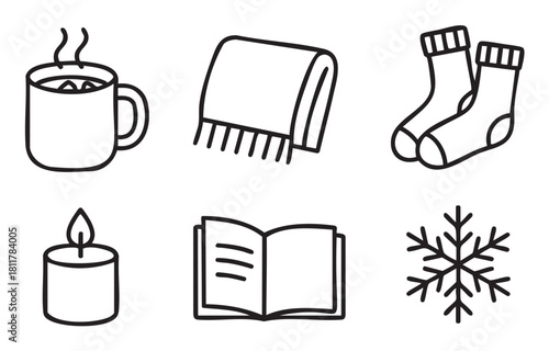 Set of six simple black outline icons representing cozy winter and comfort items: a steaming mug, a blanket, socks, a lit candle, an open book, and a snowflake