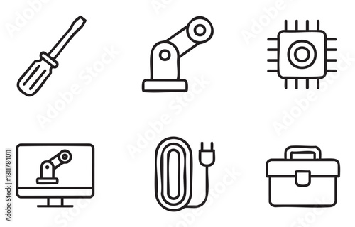 Six black outline icons , featuring a screwdriver, robotic arm, computer chip, monitor, power cord, and briefcase, representing engineering, technology, and industrial tools