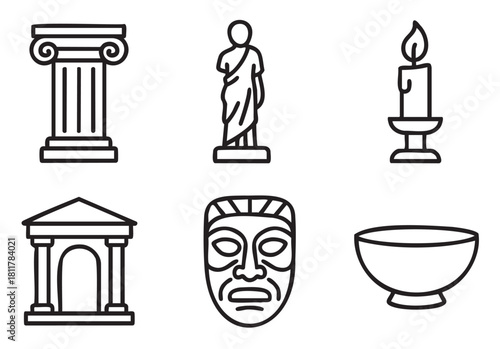 Six black outline icons depicting ancient and classical symbols, including an Ionic column, robed statue, lit candle, temple, tribal mask, and a simple bowl