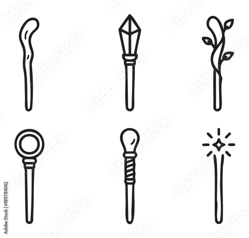 Collection of six distinct hand-drawn fantasy staffs and magic wands, depicted as simple black outline icons , evoking mystical and enchanting themes