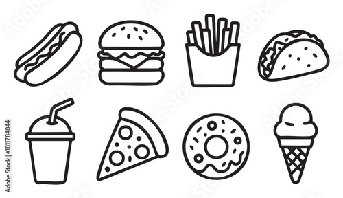 Set of eight simple black outline icons depicting popular fast food and dessert items: hot dog, hamburger, french fries, taco, soda, pizza, donut, and ice cream