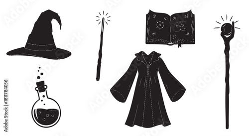 Collection of mystical black silhouette wizard accessories including a pointed hat, glowing wand, spellbook, robe, potion bottle, and magical staff