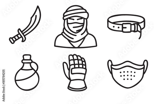 Set of black outline icons featuring a curved sword, a desert figure, a belt, a jug, an armored glove, and a protective mask, rendered in a simple graphic style