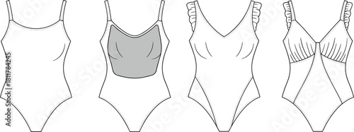 Elegant women's swimsuit fashion template set with detailed technical flat sketches, stylish one-piece designs, ruffle straps, lingerie outlines, cad drawing flat vector illustration