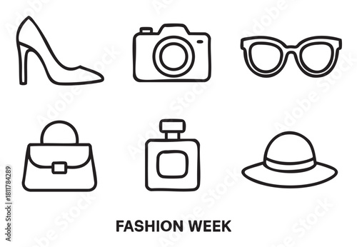 Black outline icons of fashion accessories including a high heel, camera, sunglasses, handbag, perfume, and hat, arranged with "FASHION WEEK" text below