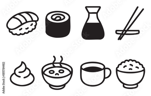 Eight graphic icons showcasing popular Asian dishes and utensils like nigiri, maki, a sauce bottle, chopsticks, wasabi, soup, a cup, and a rice bowl