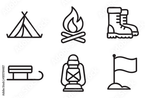Six minimalist black outline icons illustrating outdoor adventure and winter activities, including a tent, campfire, boots, sled, lantern, and flag