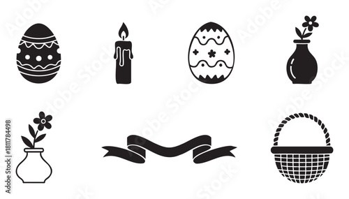 Collection of black silhouette icons featuring decorated eggs, a burning candle, flowers in vases, a ribbon banner, and a basket, presented in a minimalist style