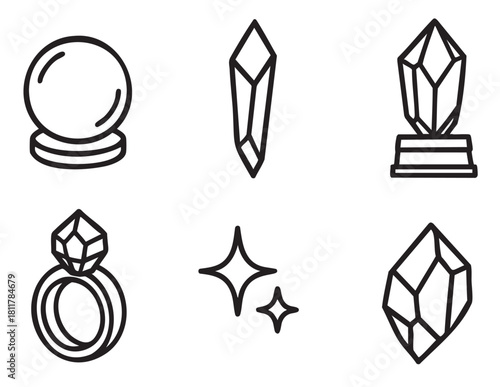 Collection of mystical black outline icons featuring a crystal ball, various faceted gems, a sparkling ring, and shimmering stars, presented