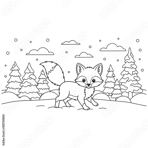 Cute cartoon fox in snowy forest scene for charming winter coloring Vector illustration