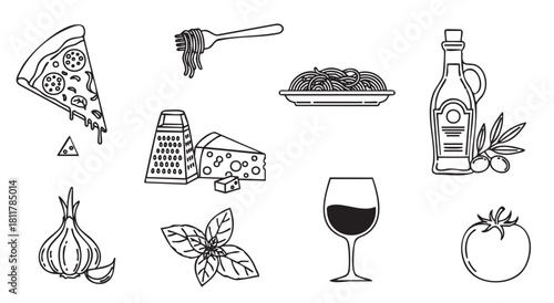 Clean collection of black and white line art icons featuring popular Italian food items like pizza, pasta, cheese, olive oil, garlic, basil, wine, and tomato