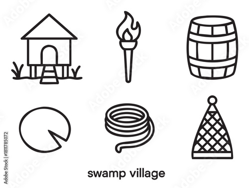 Six black outline icons illustrating a swamp village theme, featuring a stilt house, burning torch, wooden barrel, lily pad, coiled rope, and a fishing net, all