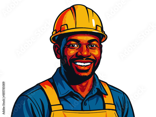cheerful male construction worker wearing a yellow hard hat and safety vest, representing building, labor, and trades. Generative ai vector colorful pop art illustration.