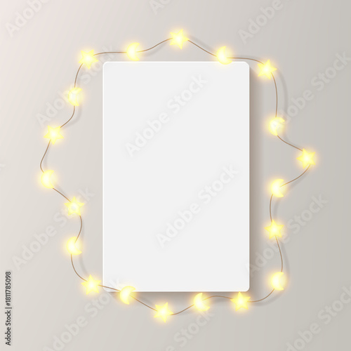 Rectangular card decorated with light garland. Vertical picture frame, star and moon shape bulbs glow. Portrait print mockup, festive ornate decor. Luxury festoon border for art, product poster box