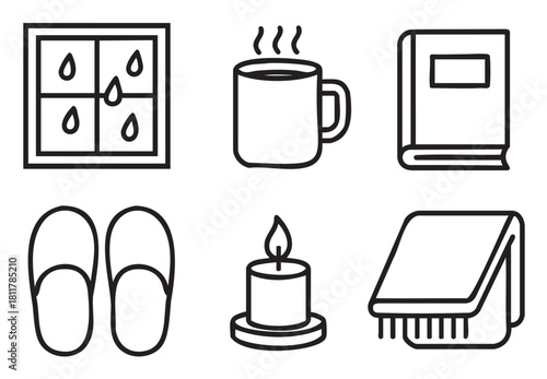 Set of six simple black outline icons illustrating cozy home essentials like a rainy window, steaming mug, book, slippers, lit candle, and a warm blanket