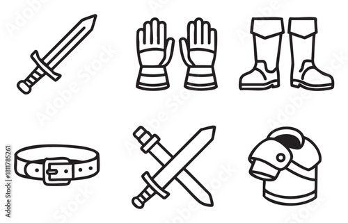 Collection of black outline vector icons depicting various medieval warrior equipment such as swords, gauntlets, boots, a belt, and armor