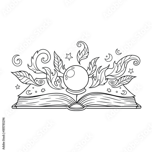 Open spell book with crystal ball and vines in magical fantasy line art Vector illustration