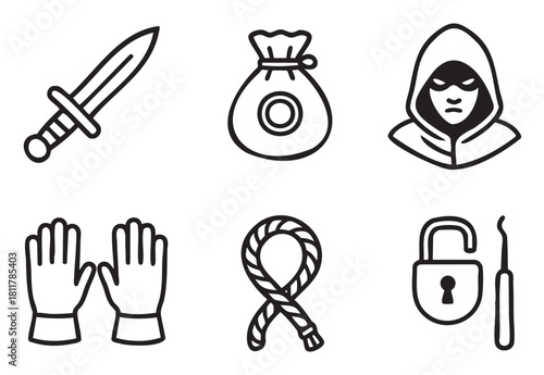 Collection of six black outline icons depicting a dagger, money bag, masked thief, gloves, coiled rope, and an open padlock with a pick