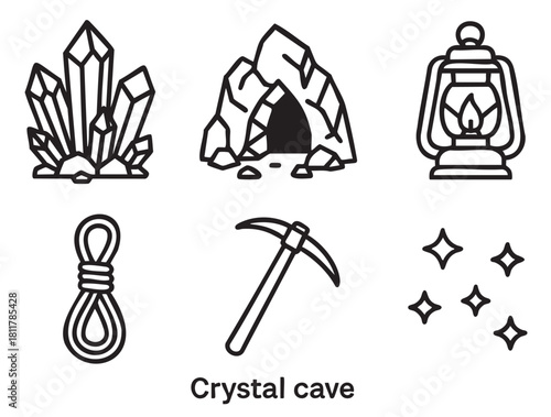 Minimalist set of black outline icons , depicting elements of crystal mining and cave exploration, including crystals, a cave entrance, a lantern, a rope, a pickaxe, and sparkles