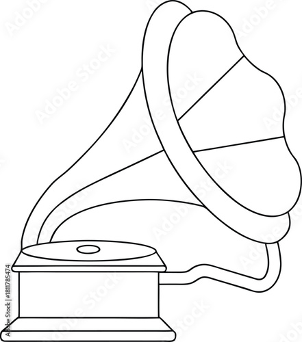Antique gramophone illustrated in simple charming outline line art Vector illustration