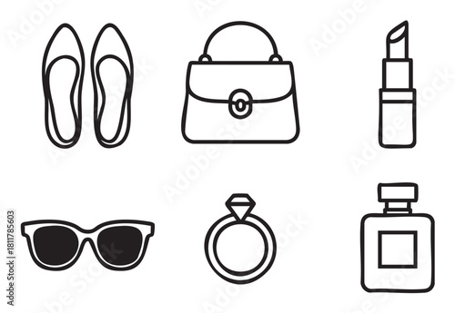 Clear set of six black outline icons showcasing essential fashion and beauty items: flat shoes, a handbag, lipstick, sunglasses, a diamond ring, and a perfume bottle