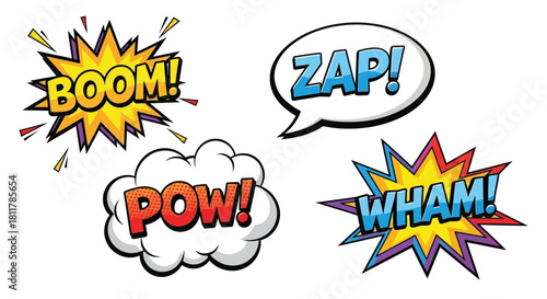 Comic book style explosion words boom zap pow and wham