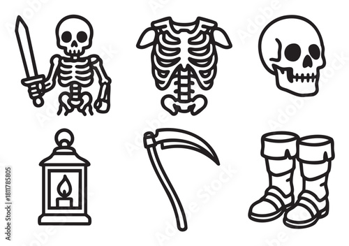 Six distinct black outline icons , featuring a sword-wielding skeleton, a skull, a rib cage, a lit lantern, a scythe, and a pair of boots, presented in a clean, minimalist style