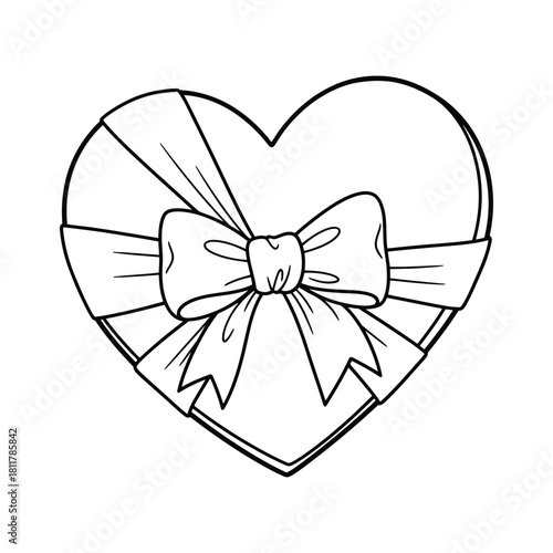 Heart shaped gift box with ribbon and bow in charming simple line art Vector illustration