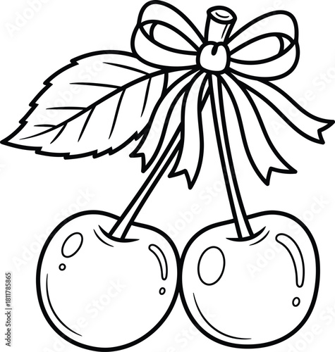 Two cherries with tied stems and bow in cute simple fruit line art style Vector illustration