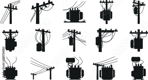 Silhouette vector illustration of utility poles with electrical transformers and power lines—technical infrastructure layout for engineering, planning, grid design, and reference