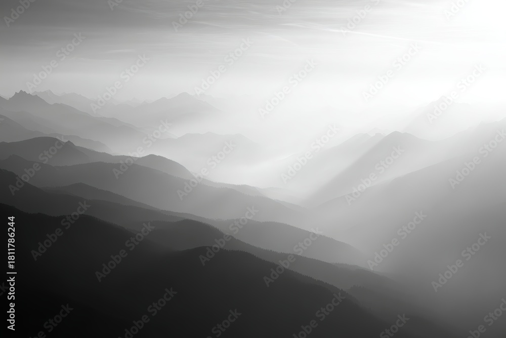 Fototapeta premium mountain landscape with sunrise and misty valleys, top view, monochrome palette, premium look, dramatic rim light, clean background for typography, generic props only