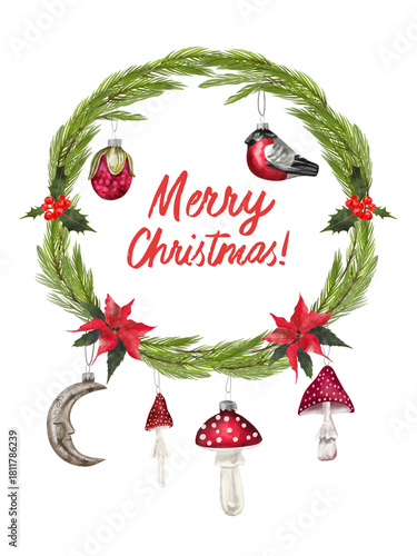 Watercolor illustration of a Christmas wreath with fir branches, red flowers and berries, and vintage glass toys.