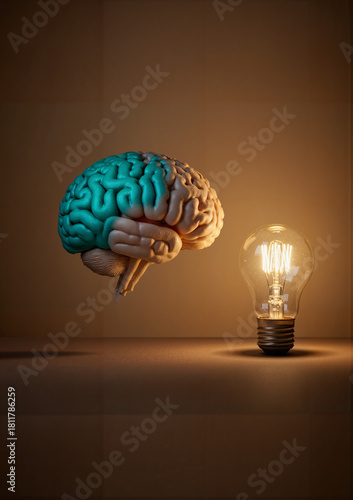 Brain with glowing light bulb symbolizing ideas for Mental Health Awareness Month  