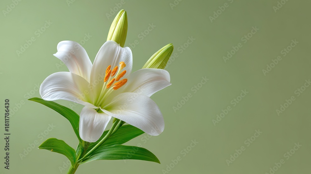 Obraz premium Lush White Lily Bloom with Buds Against a Soft Green Background Capturing the Essence of Nature and Freshness in Botanical Photography
