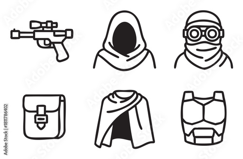 Set of minimalist line art icons for a science fiction concept, featuring a futuristic rifle, hooded character, masked pilot, body armor, cloak, and a utility pouch