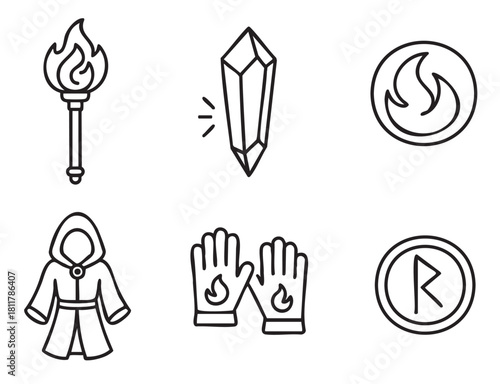 Set of six fantasy role-playing game icons in a minimalist line art style, featuring a torch, crystal, hooded robe, magic gloves, and elemental symbols