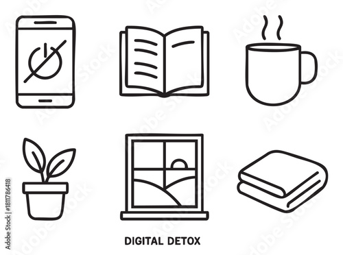 Set of simple line icons illustrating the concept of a digital detox, with symbols for turning off a phone, reading a book, enjoying a hot drink, and relaxing at home