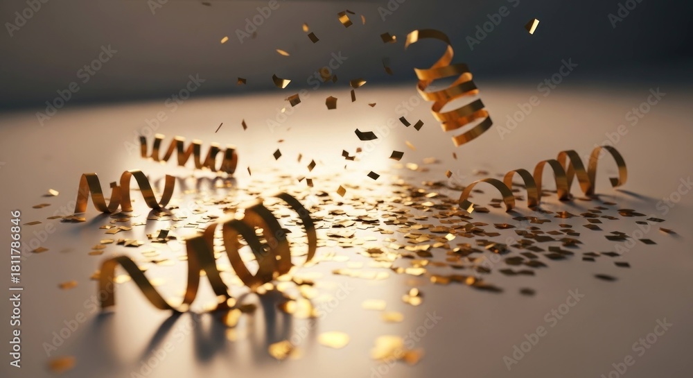 Obraz premium Golden confetti and curling ribbons scattered on a bright surface