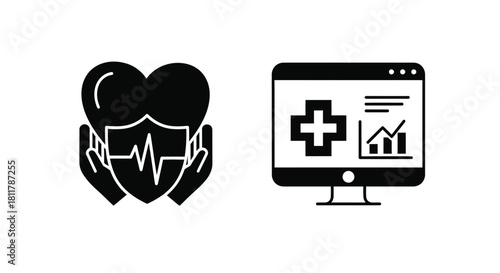 Healthcare icons depicting a protected heart and telemedicine screen
